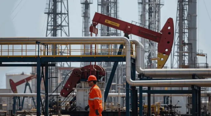 Oil production facility with worker and pumpjacks in operation / HSO Trading